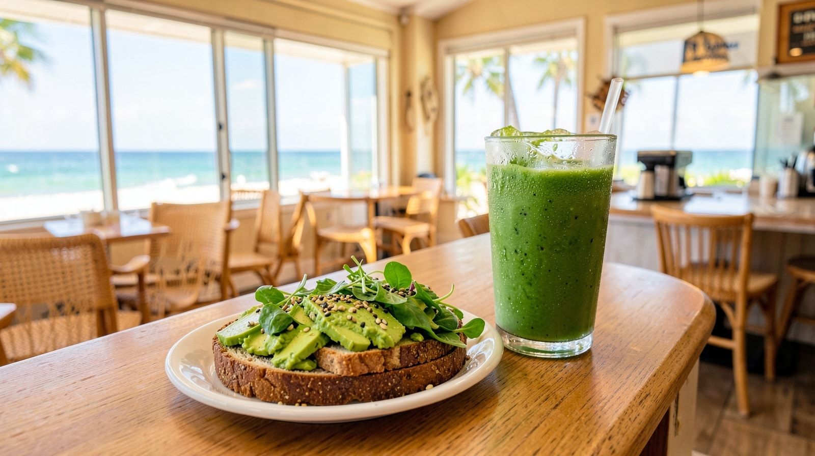 Bright Florida cafe interior with avocado toast and green smoothie on the counter in warm natural light
