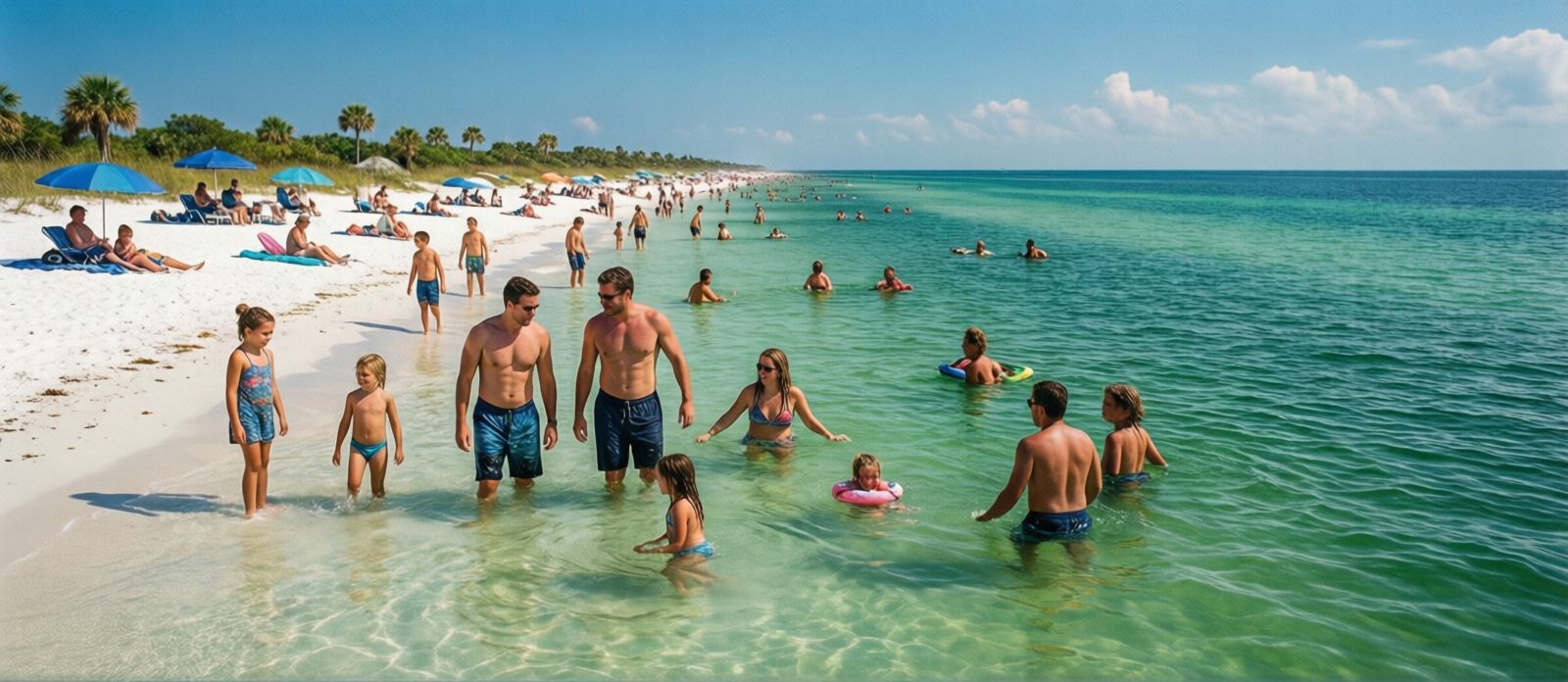 Families wading and floating in the shallow emerald water at Crab Island sandbar in Destin Harbor on a clear summer day