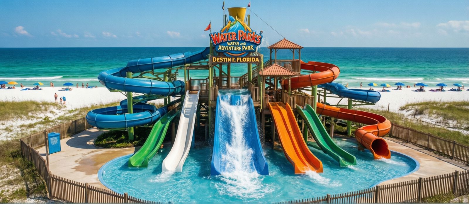 Big Kahuna's Water and Adventure Park in Destin Florida with colorful slides and wave pool on a sunny summer day