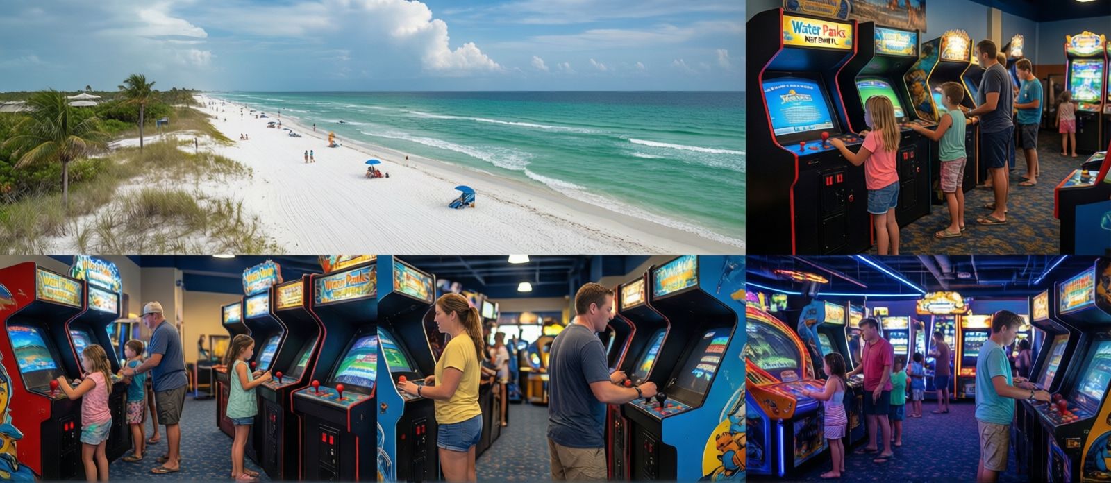 Families playing arcade games and enjoying indoor entertainment in Destin Florida on a rainy summer afternoon