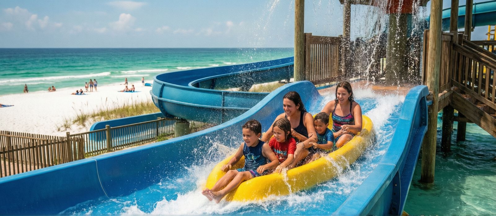 Kids and families riding water slides at Big Kahuna's water park in Destin Florida, water splashing in bright summer sunshine