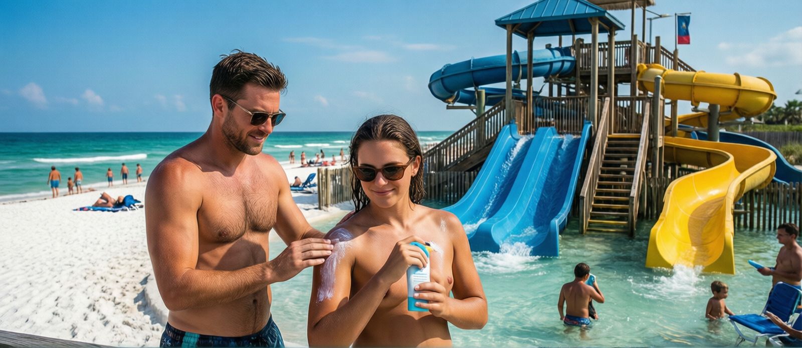 Family applying sunscreen at a water park in Destin Florida on a sunny summer morning before a day of slides