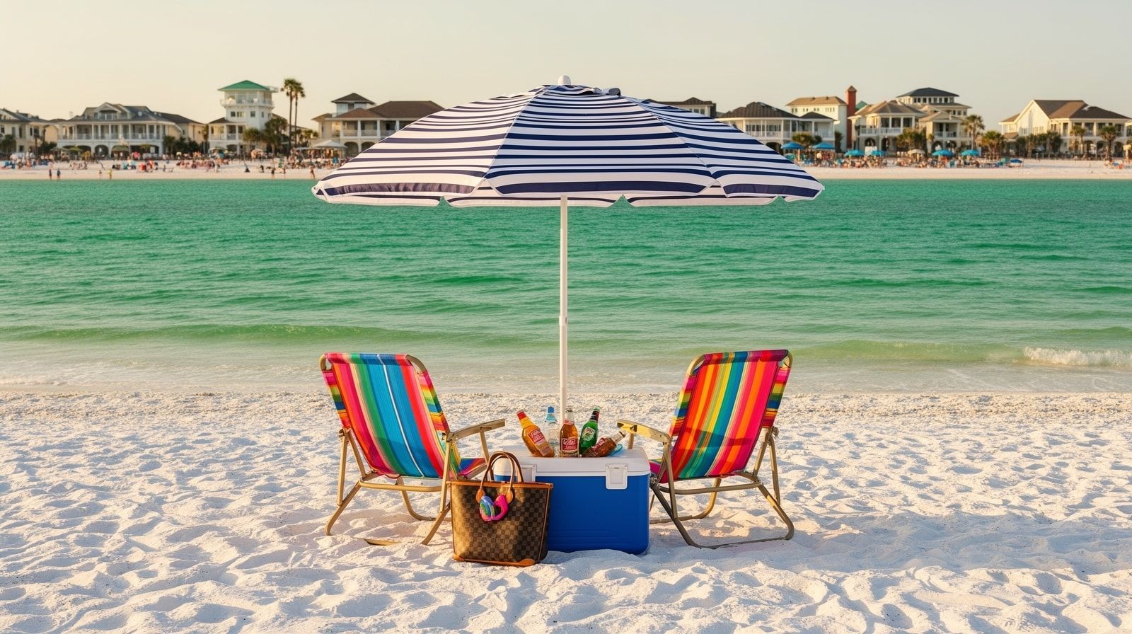 Well-equipped beach setup on white sand Destin beach with umbrella, canvas chairs, cooler and tote bag, emerald Gulf water behind
