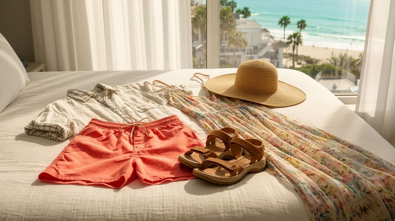 Vacation clothing flat lay on a bed including linen shirt, board shorts, sundress, sport sandals and wide-brim straw hat for a Florida beach trip