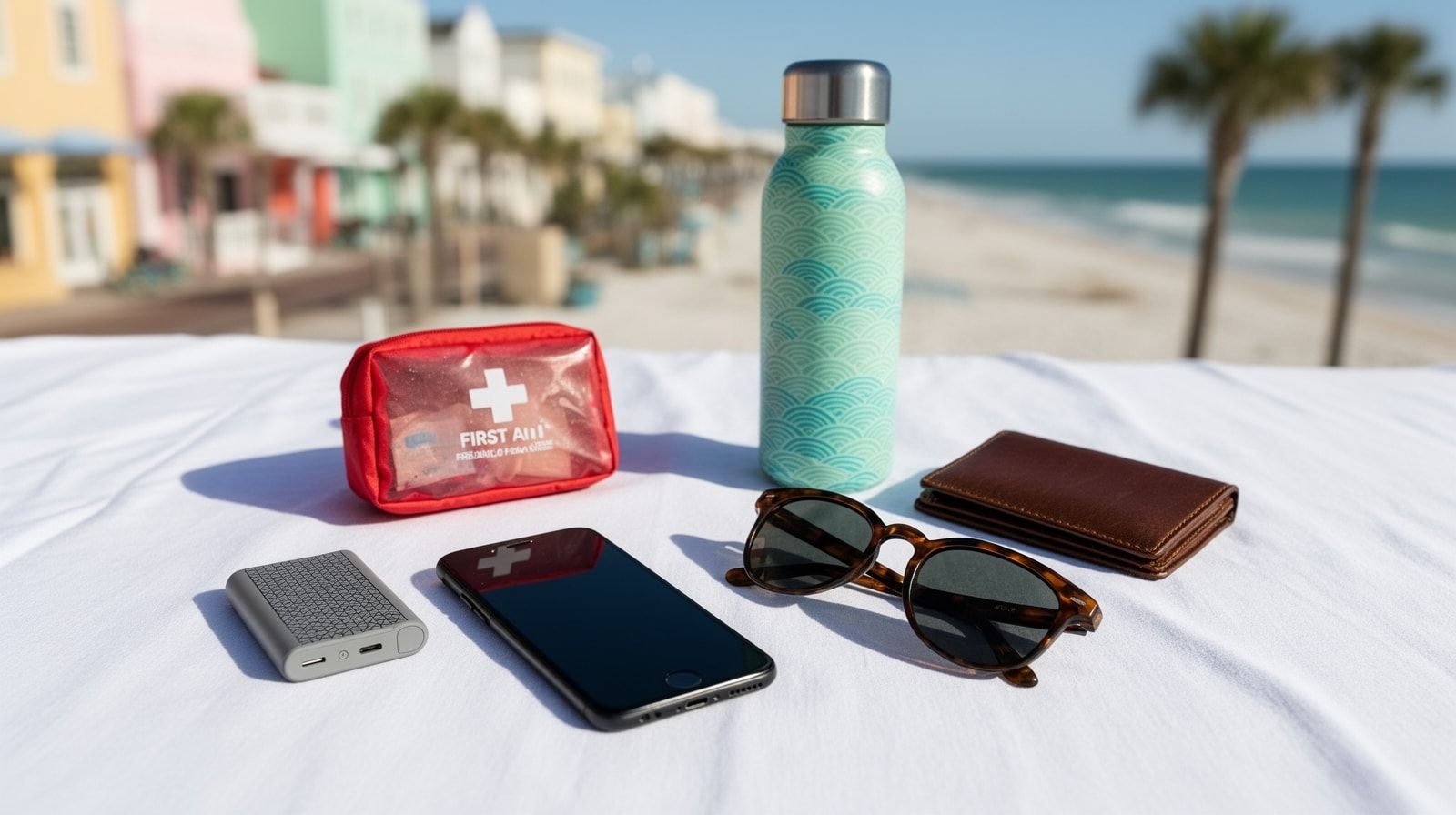 Travel essentials flat lay on white linen including smartphone, portable charger, insulated water bottle, first aid kit, wallet and sunglasses