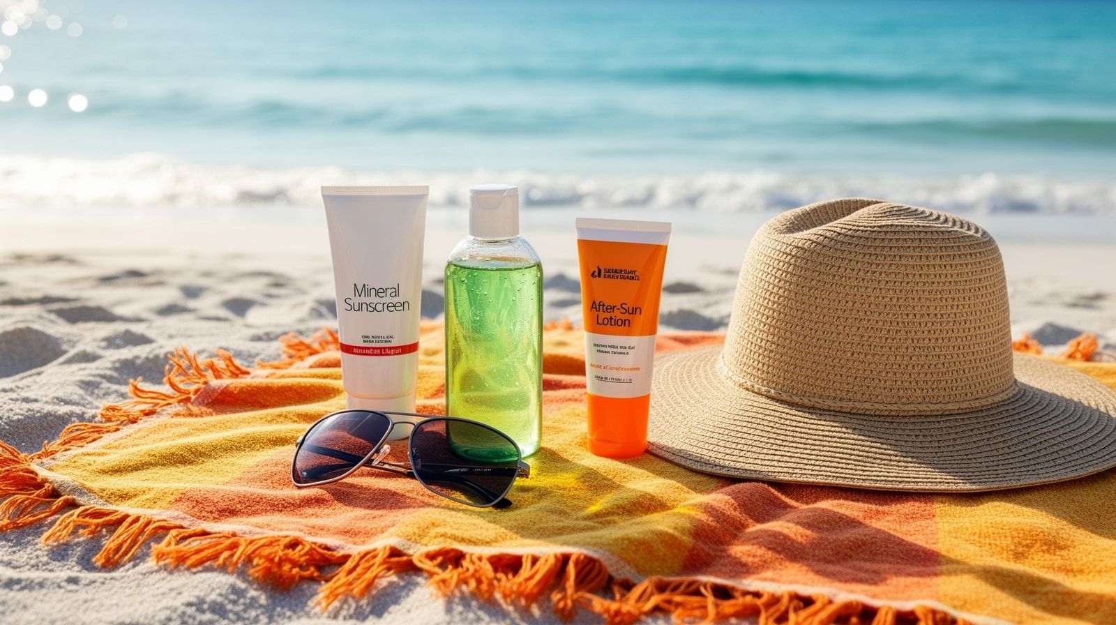 Mineral sunscreen, aloe vera gel, after-sun lotion, polarized sunglasses and wide-brim hat arranged on a beach towel on a sunny Destin beach
