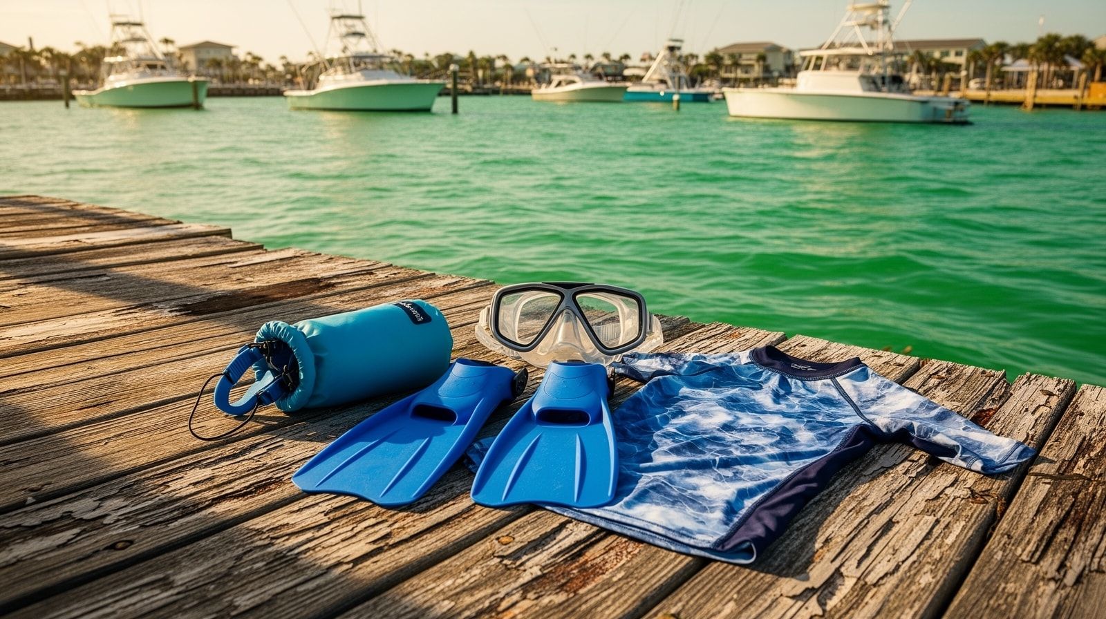 Snorkeling mask, fins, waterproof dry bag and rash guard laid out on a wooden dock at Destin Harbor with emerald water and charter boats